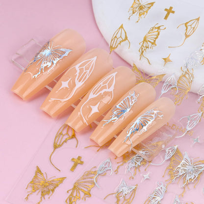 Kikonoke 12 Sheets Laser Butterfly Nail Stickers White Silver Gold 3D Decals