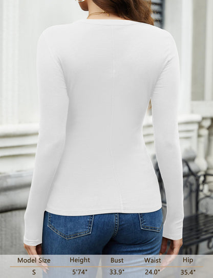 Amoretu Womens Long Sleeve V Neck Henley Ribbed Side Ruched Top White Size L