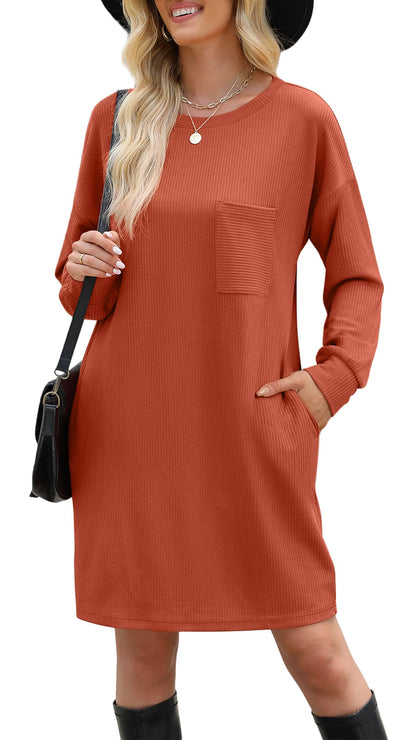 WIHOLL Fall Long Sleeve Mini Dress with Pockets Caramel Size L