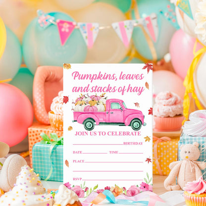 YGRBXJZD Fall Pumpkin Birthday Invitation Girl Pink Floral 4x6 20 Sets