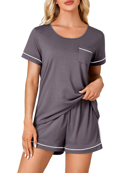 Rooscier Women's Cotton Pajama Set Scoop Neck Pocket Top Shorts Gray Size S