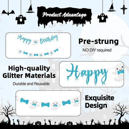 Vofrise Blue Halloween Birthday Banner Glitter Bow Tie Ghost Garland