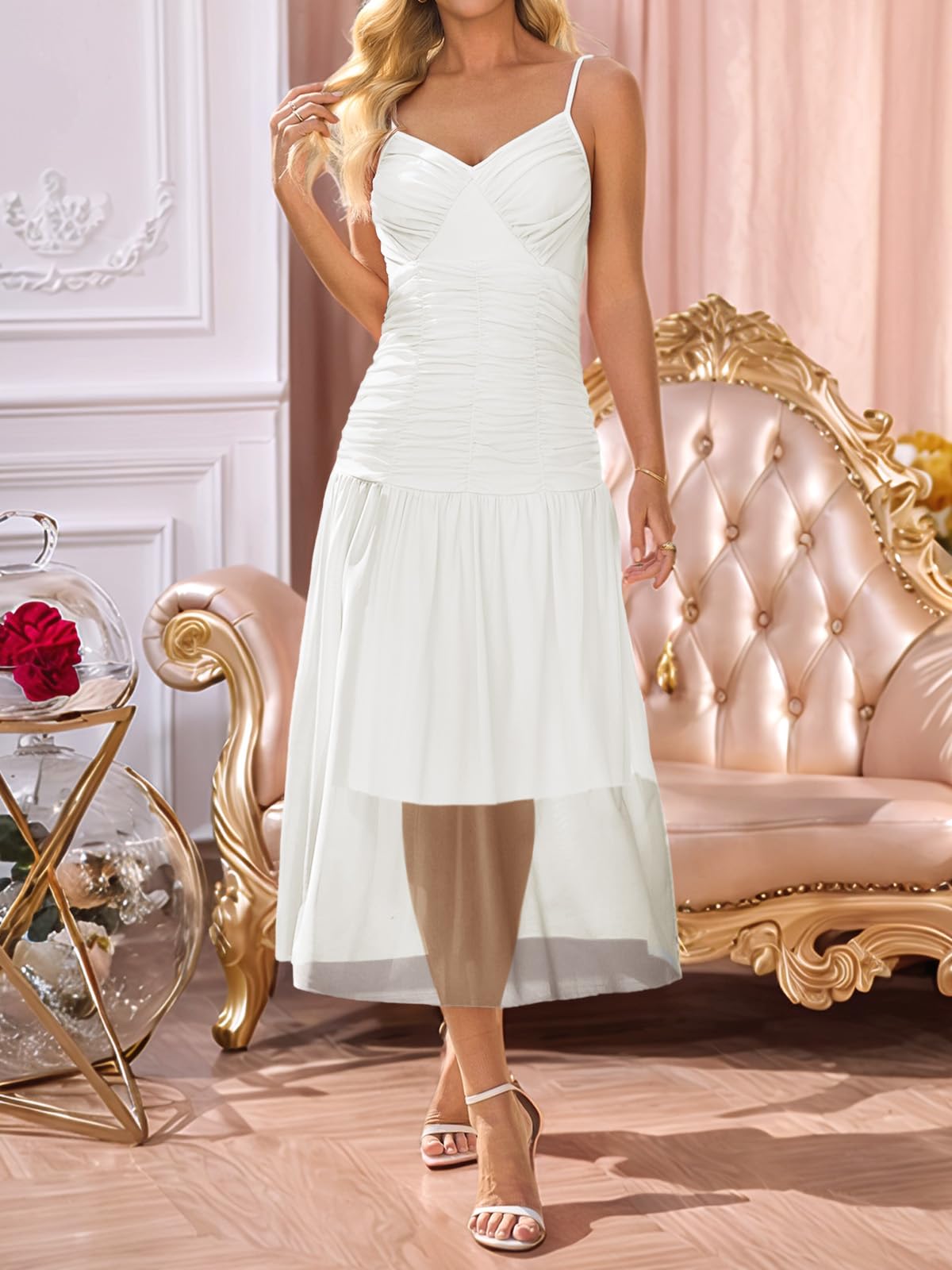 Wenrine Women's Summer Spaghetti Strap Maxi Dress White Size L