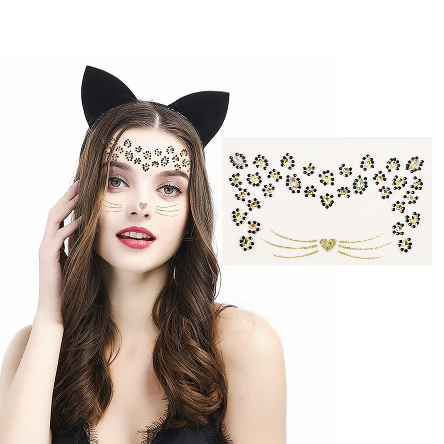 eyigylyo Cat Face Gems Black Cat Temporary Tattoo Halloween Festival Rave