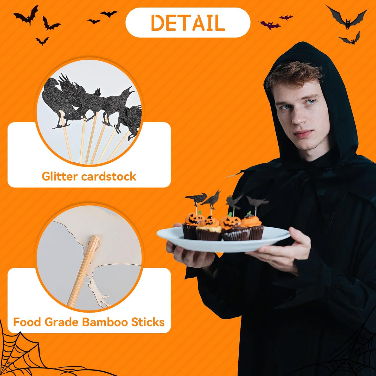 GUYI 24 PCS Halloween Crow Cupcake Toppers Horror Picks Cardstock Toothpick