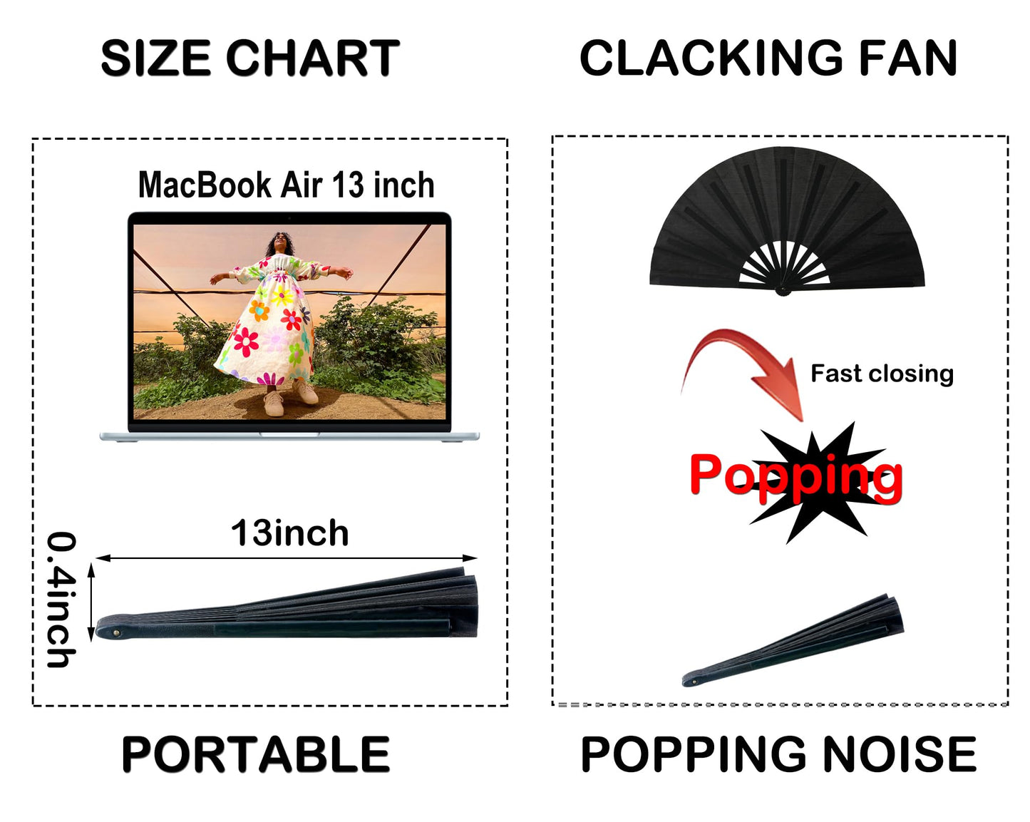 GeGeYa 13inch Large Rave Fan Foldable Hand Fans Black 2 Packs