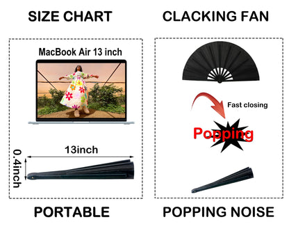 GeGeYa 13inch Large Rave Fan Foldable Hand Fans Black 2 Packs