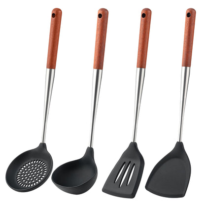 FJNATINH Silicone Spatula Turner Ladle Skimmer Set Stainless Steel Wood 4Pc