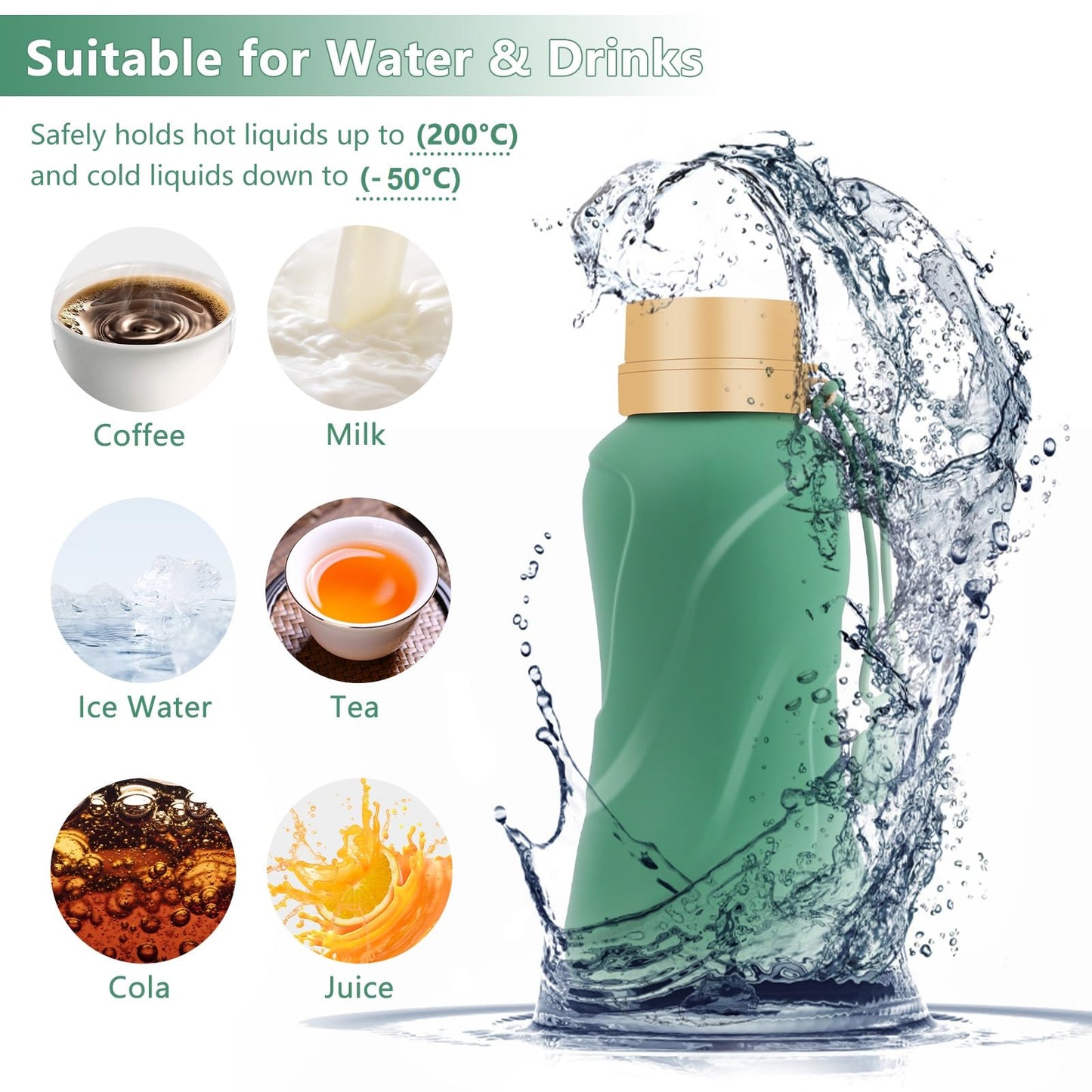 NAVTUE Collapsible Silicone Water Bottle 650ml Leak Proof Reusable Green