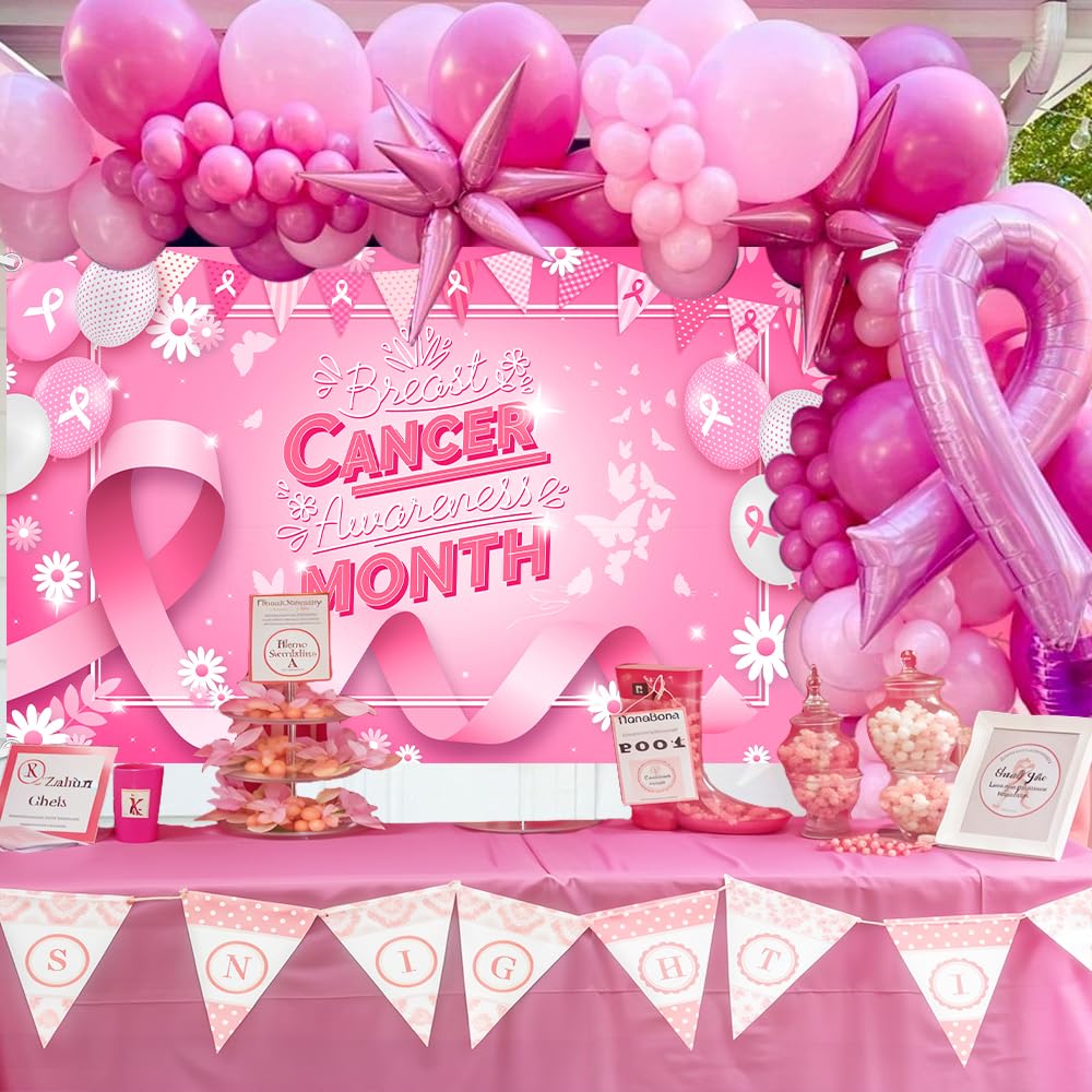 MEHOFOND Breast Cancer Awareness Banner Pink Ribbon Party Decoration Pink