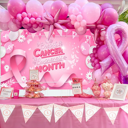MEHOFOND Breast Cancer Awareness Banner Pink Ribbon Party Decoration Pink