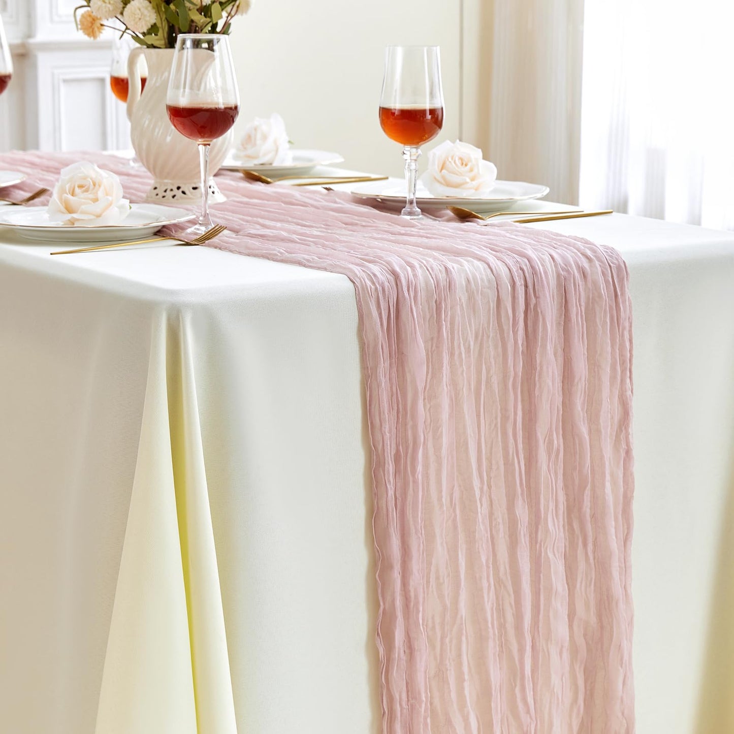 ZKPMJH 6PCS Dusty Pink Cheese Cloth Table Runner 35x120in Boho Gauze