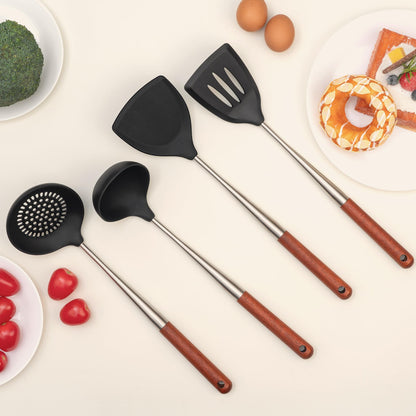FJNATINH Silicone Spatula Turner Ladle Skimmer Set Stainless Steel Wood 4Pc