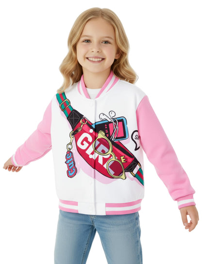 PATPAT Girls Varsity Baseball Jacket Pink Lightweight Bomber Coat Size 9-10