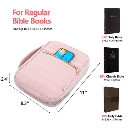 VICUTU Bible Cover Case for Women with Handle Pink Soft Quilted Carrying Bag