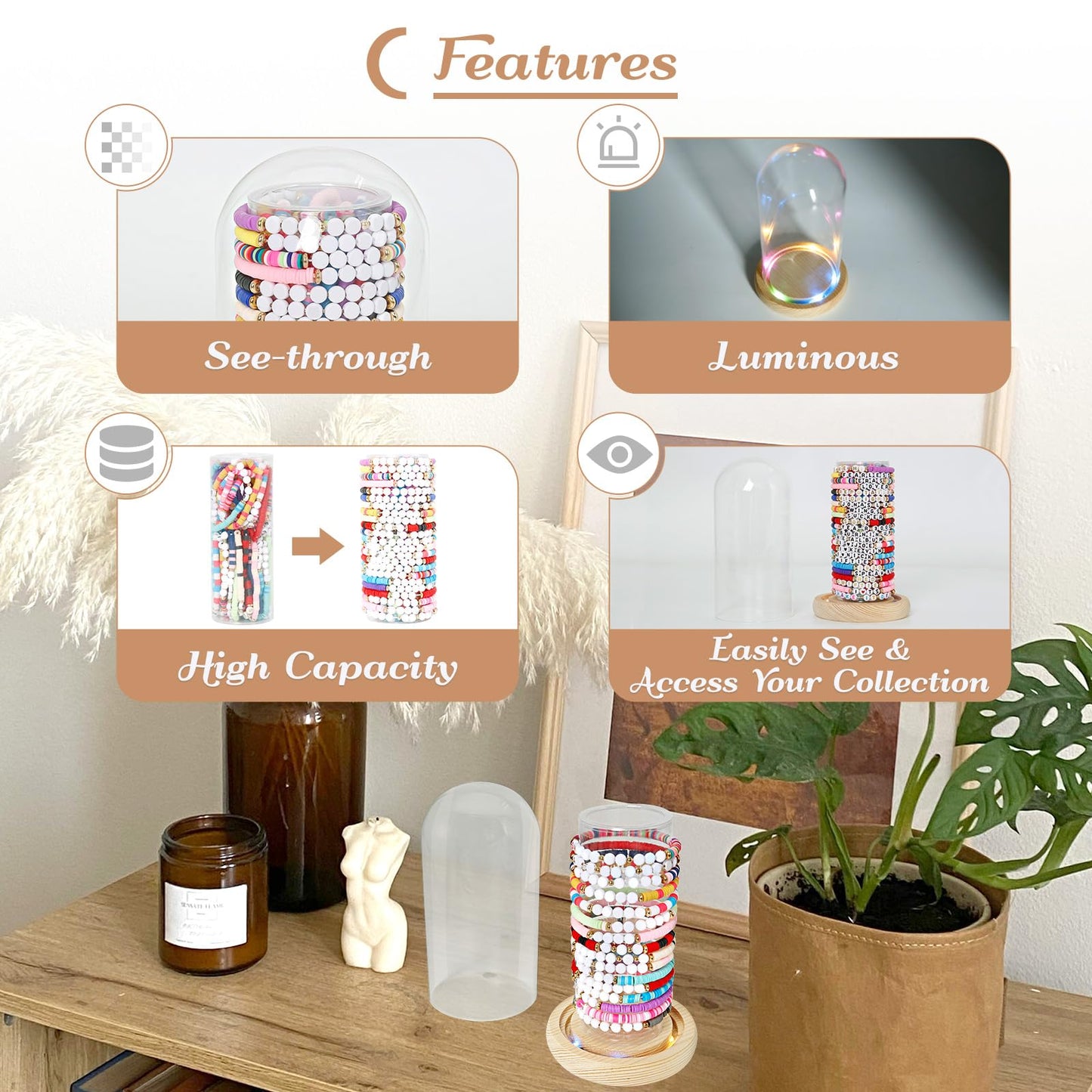 Aolamegs Friendship Bracelets Organizer with Lights Transparent Rustic Wood Base