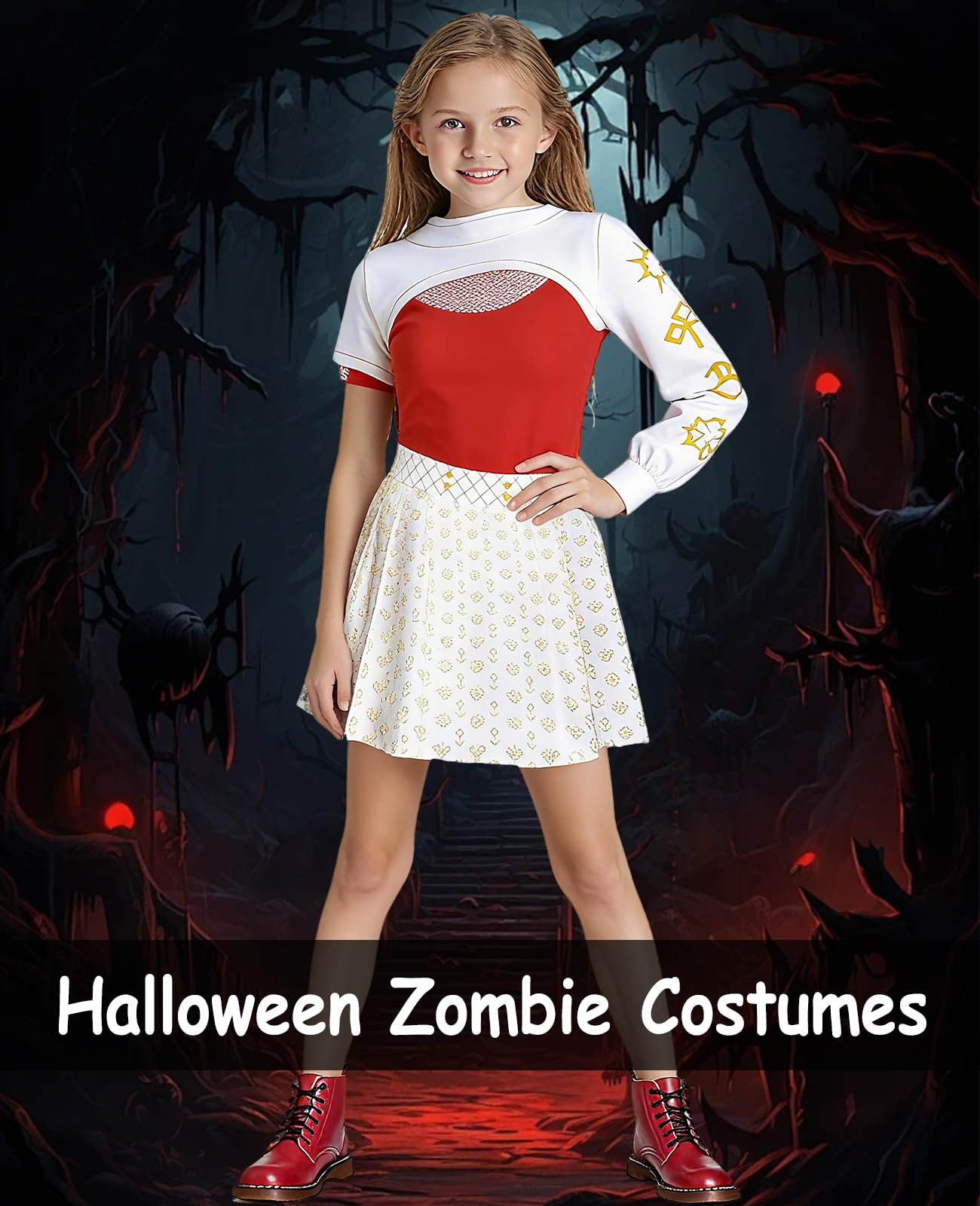 ACLGCSU Girls Zombie Cheerleader Costume 3PCS White Skirt Size 5-6 Years