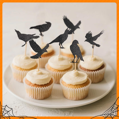GUYI 24 PCS Halloween Crow Cupcake Toppers Horror Picks Cardstock Toothpick
