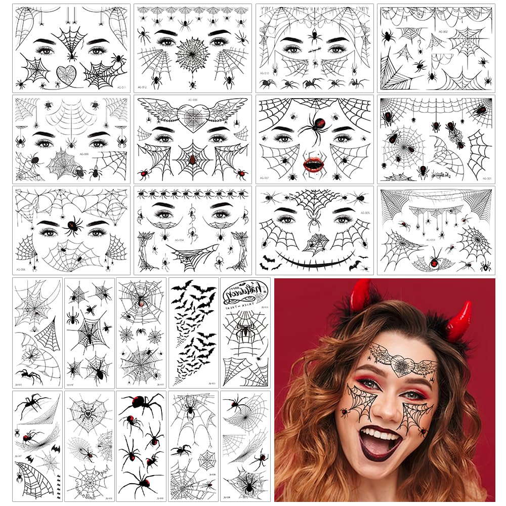 FANOST 22 Halloween Spider Face Temporary Tattoos Kids Adults Cosplay Stickers