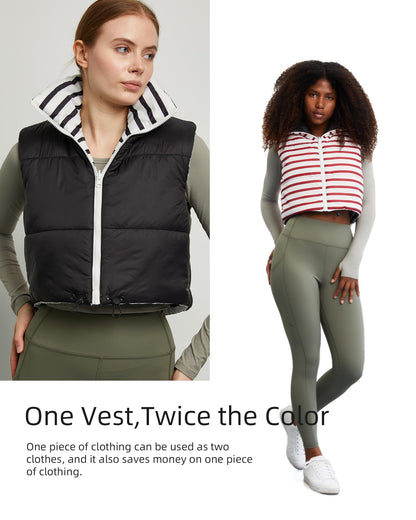 Xeoxarel Red White Striped Puffer Crop Vest Sleeveless Zipper Pockets Size XL