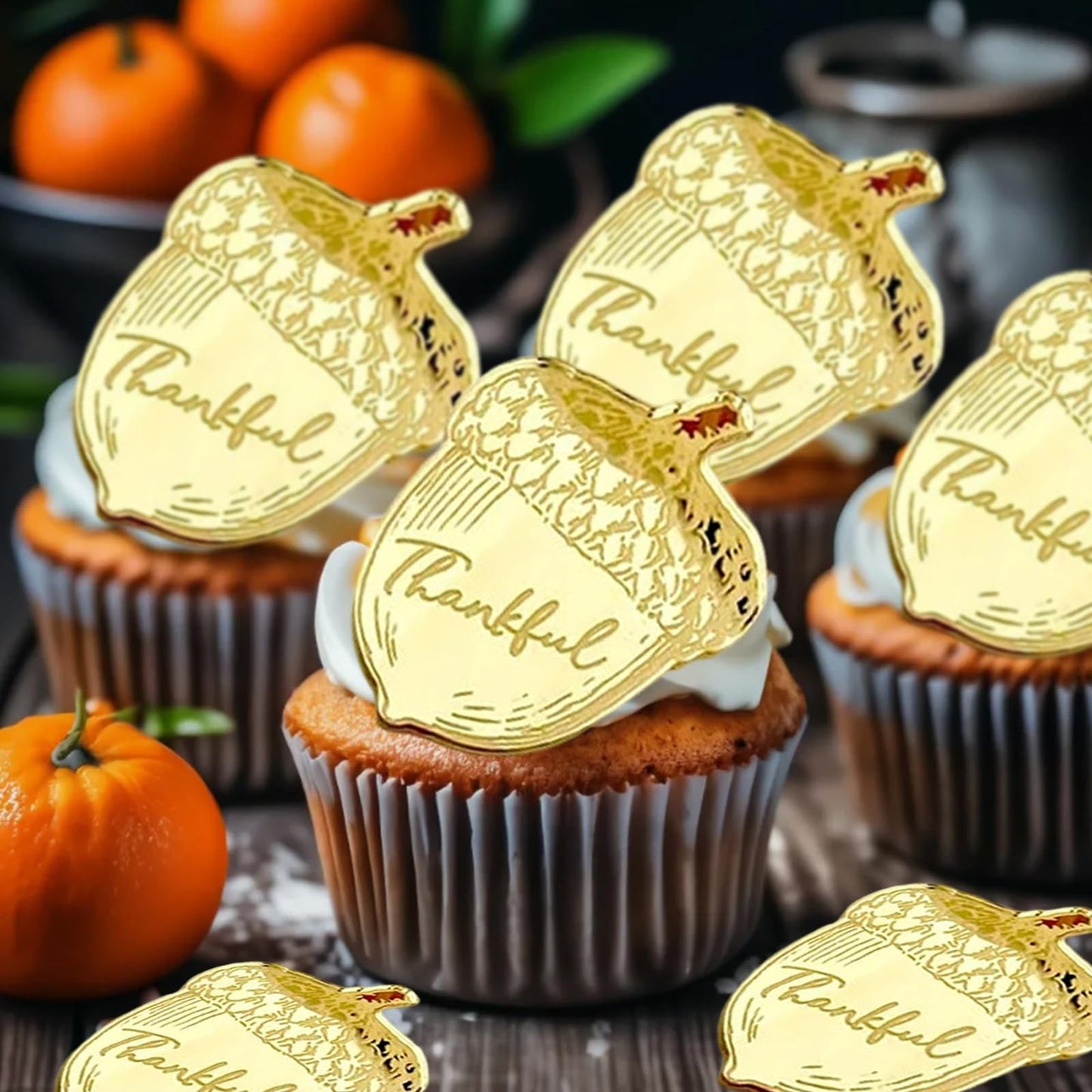 mdgfge 20Pcs Thanksgiving Gold Chestnut Acrylic Cupcake Toppers Decor
