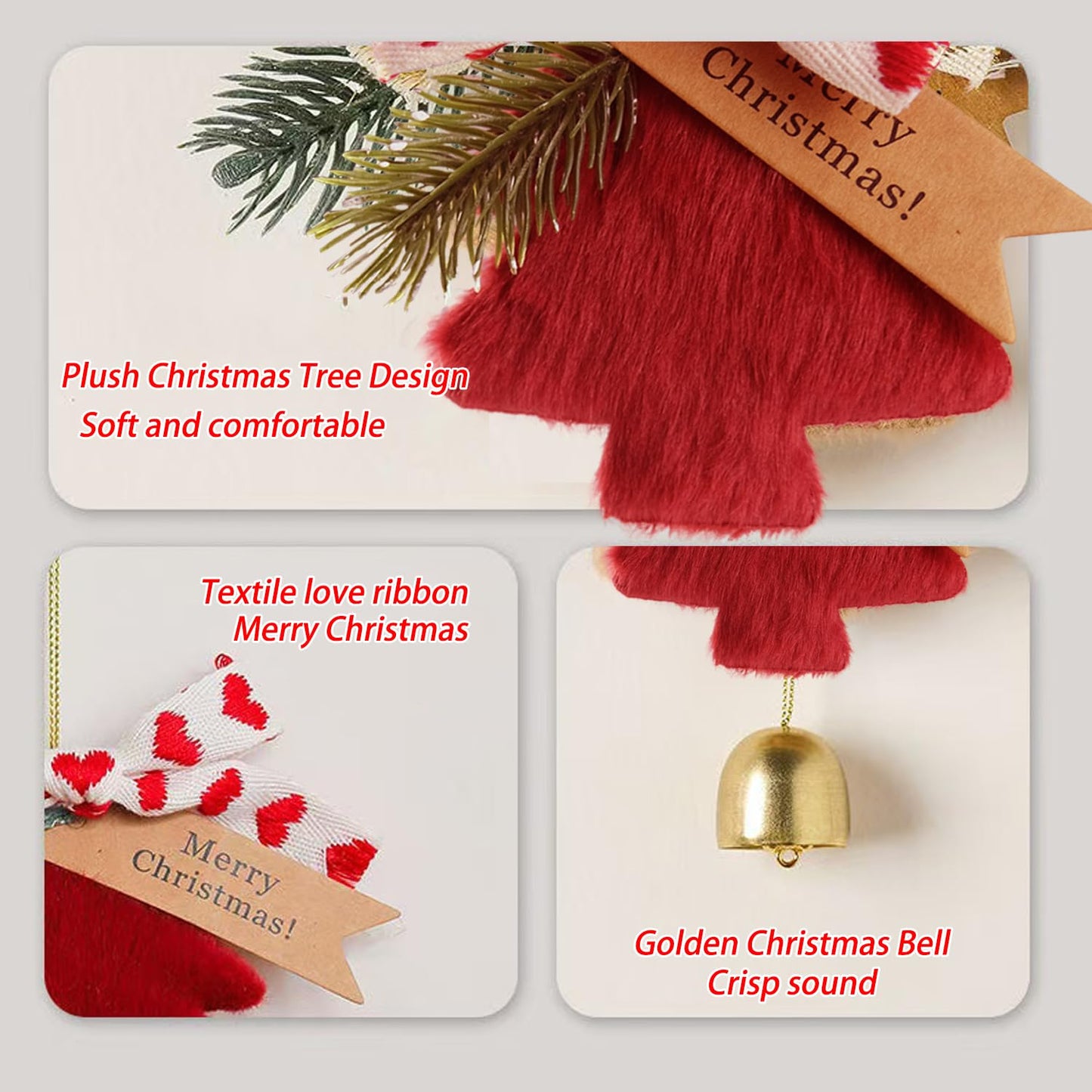 DILAGG Christmas Decorations Fuzzy Tree Ornaments Plush Pendant Gold Bell Red