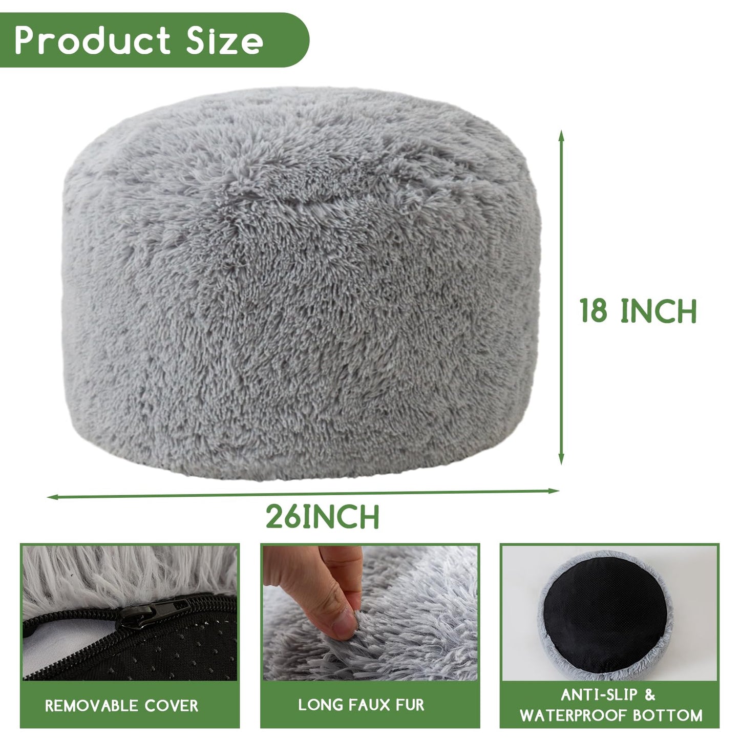 HIGOGOGO Round Faux Fur Stuffed Pouf Ottoman 26x18 Light Grey