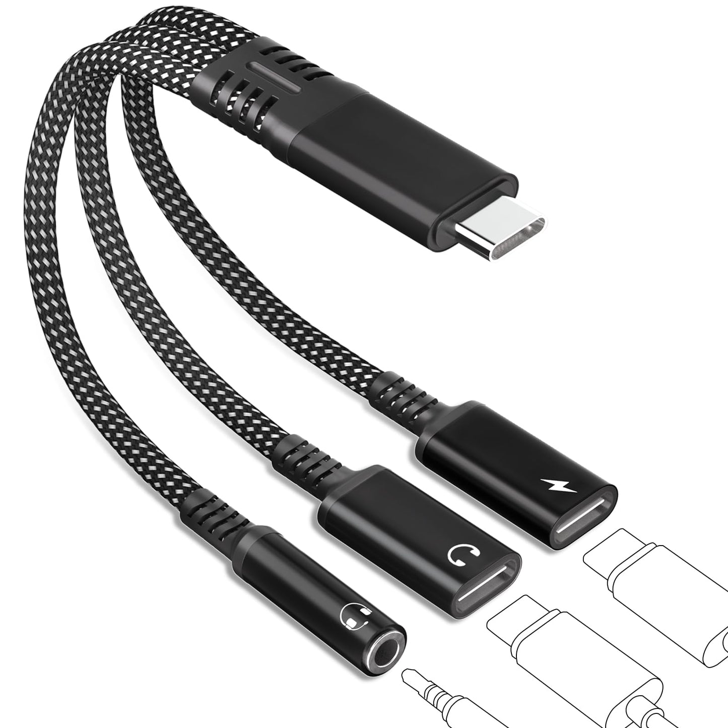 tiavalmax USB C Splitter 3.5mm Headphone Charger Adapter 60W PD Fast Black