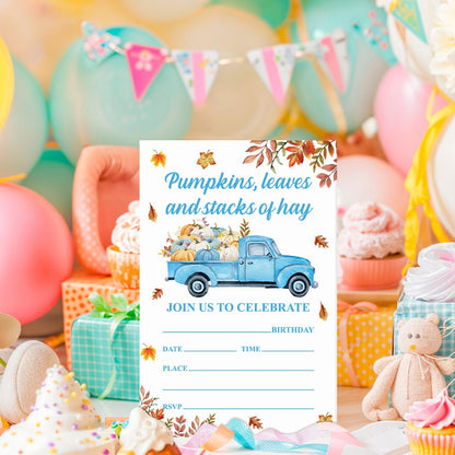 YGRBXJZD Fall Pumpkin Birthday Invitations Blue Truck 4x6 20 Sets Colorful