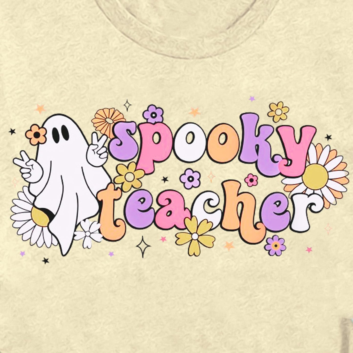 MAIHUN Women's Halloween Teacher Ghost Cartoon T-Shirt Cream Size L