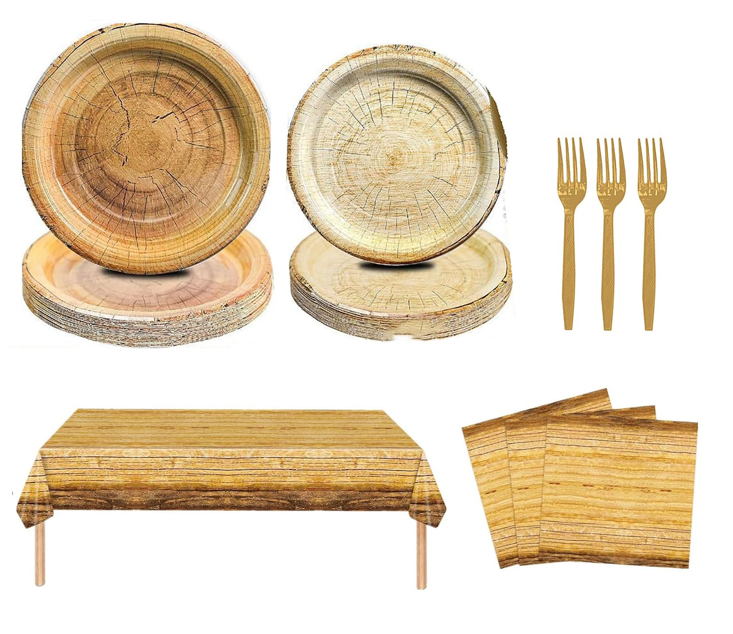 Generic Rustic Wood Grain Party Supplies 69pcs Plates Napkins Tablecloth Cutlery