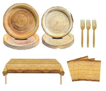 Generic Rustic Wood Grain Party Supplies 69pcs Plates Napkins Tablecloth Cutlery
