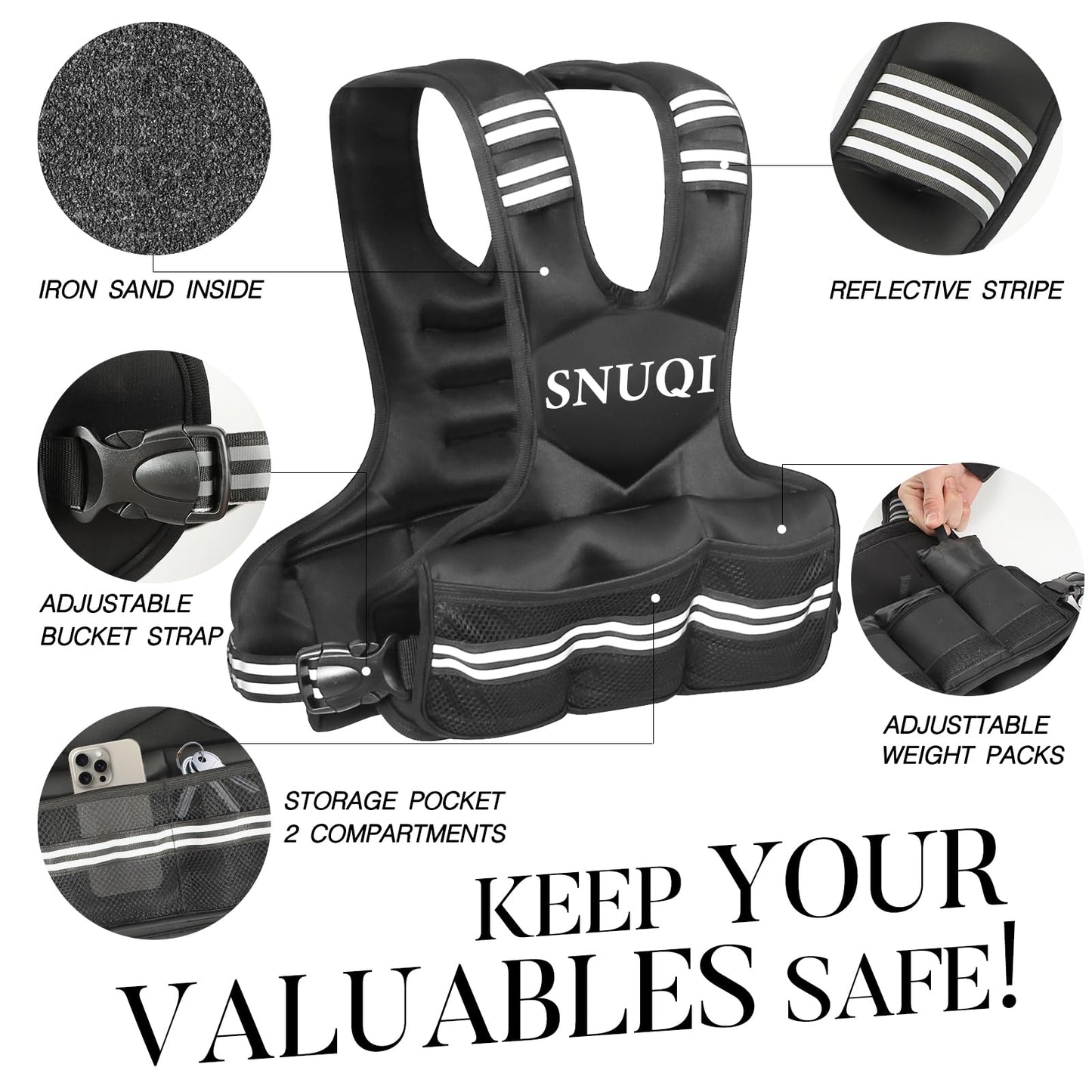 SNUQI Adjustable Weighted Vest with 6 Ironsand Weights Black Size 9-18 lb