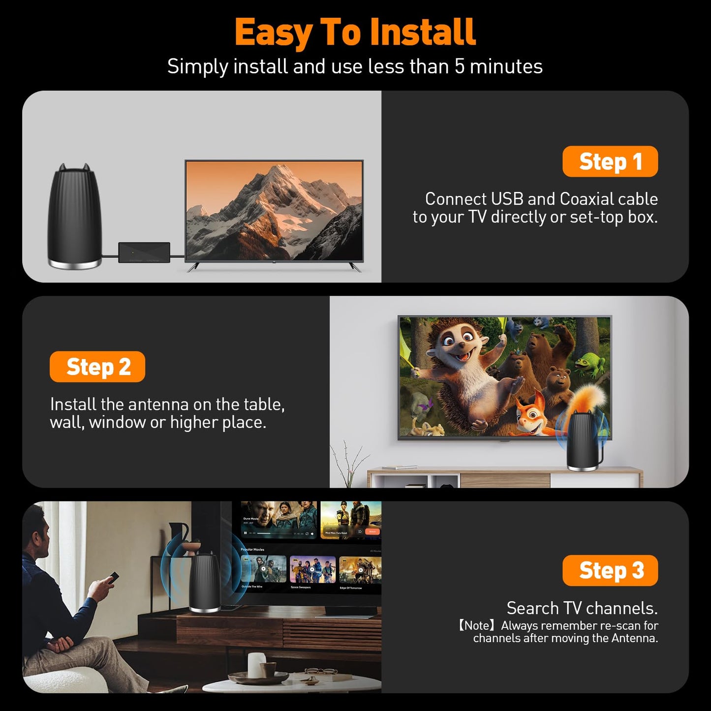 Docutca Smart Indoor TV Antenna 600+ Miles Range HD 4K 1080P Black Antenna-2043