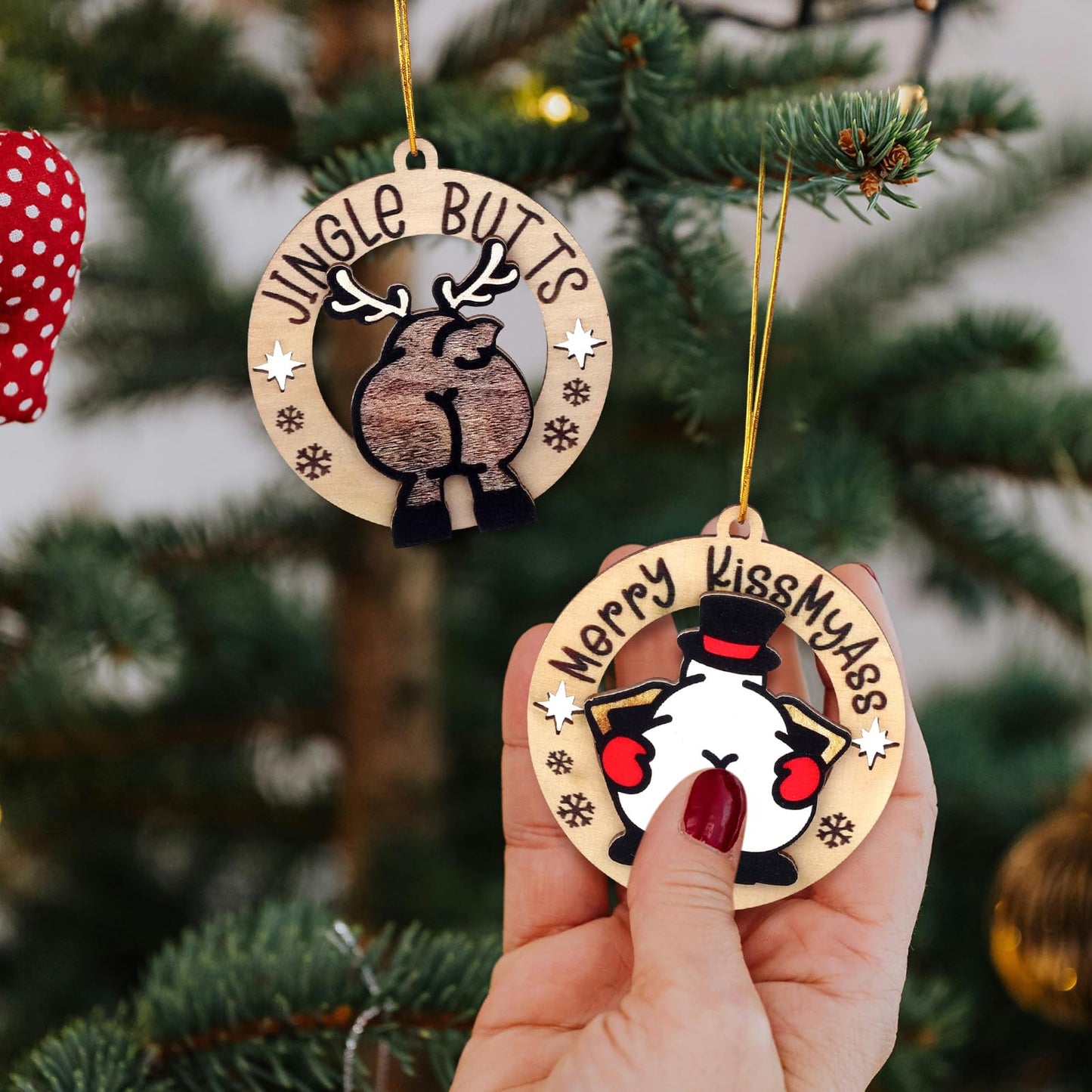 jjBOOM KissMyAss Funny Christmas Wooden Ornaments 2024 Xmas Tree Decor