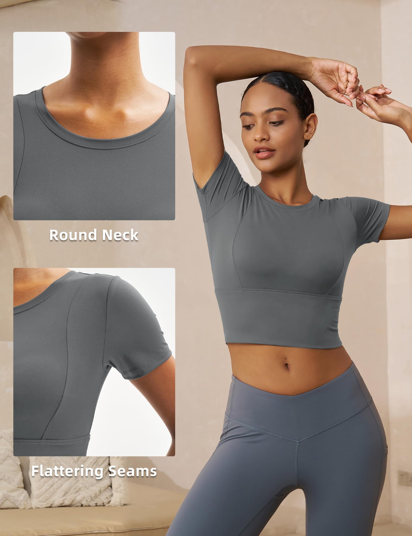 MAGCOMSEN Womens Crop Workout Top Yoga Athletic Short Sleeve Gray Size XS