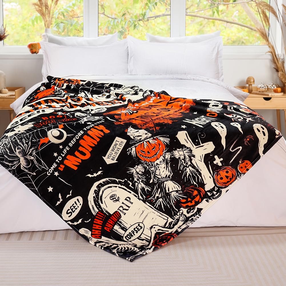 Tupmnbry Halloween Pumpkin Ghost Cat Throw Blanket Flannel 50x60