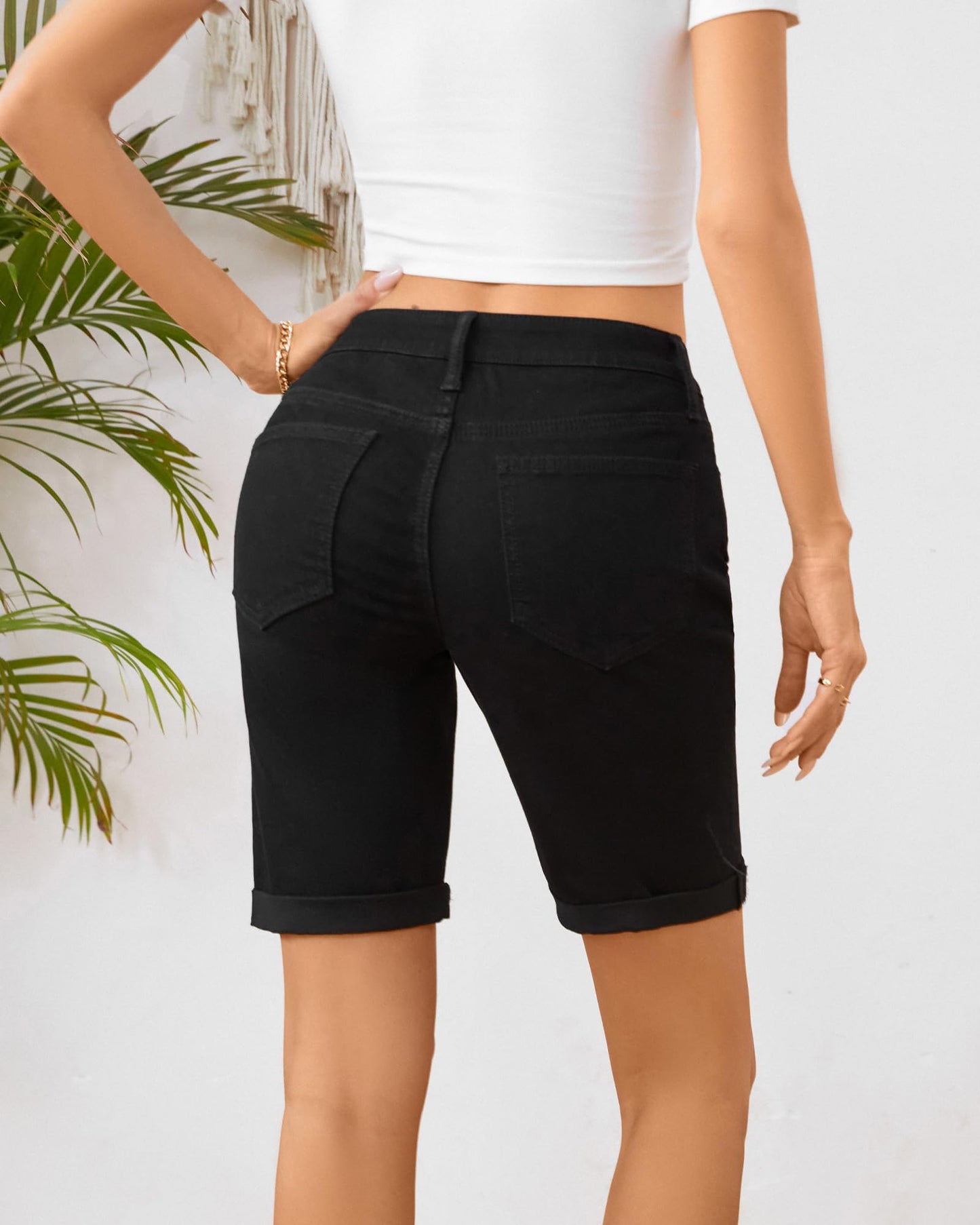 OFLUCK Women's Mid Rise Roll Cuff Stretch Denim Bermuda Shorts Dark Blue Size 10