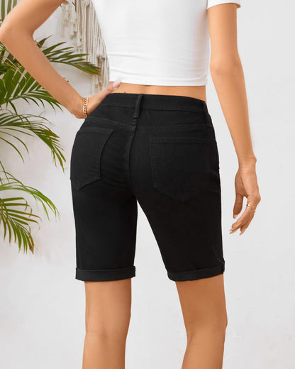 OFLUCK Women's Mid Rise Roll Cuff Stretch Denim Bermuda Shorts Dark Blue Size 10