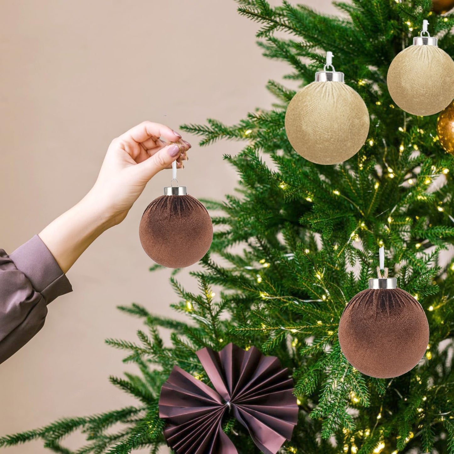 Xmastell 12 Pcs Velvet Christmas Ornaments Set Coffee Brown 3.15 Inch