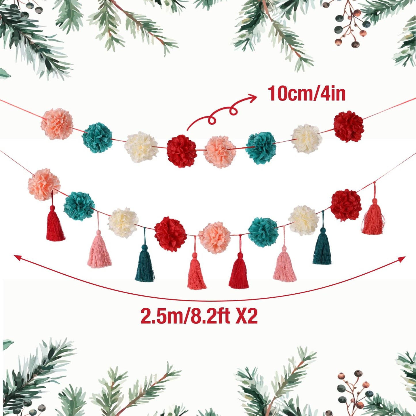 OBBOLO Tissue Paper Pompom Garland with Cotton Tassels 2 Pcs Red Green Pink