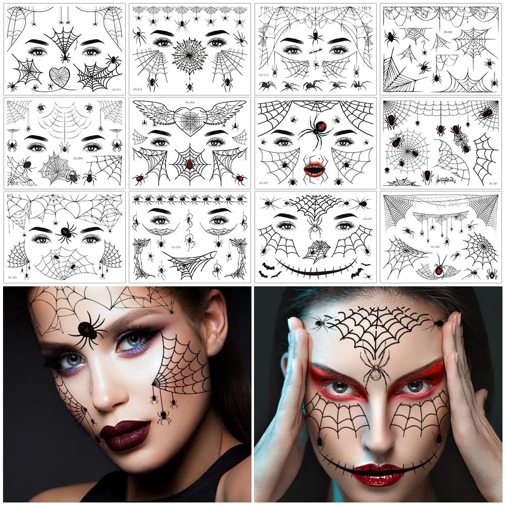 FANOST 22 Halloween Spider Face Temporary Tattoos Kids Adults Cosplay Stickers