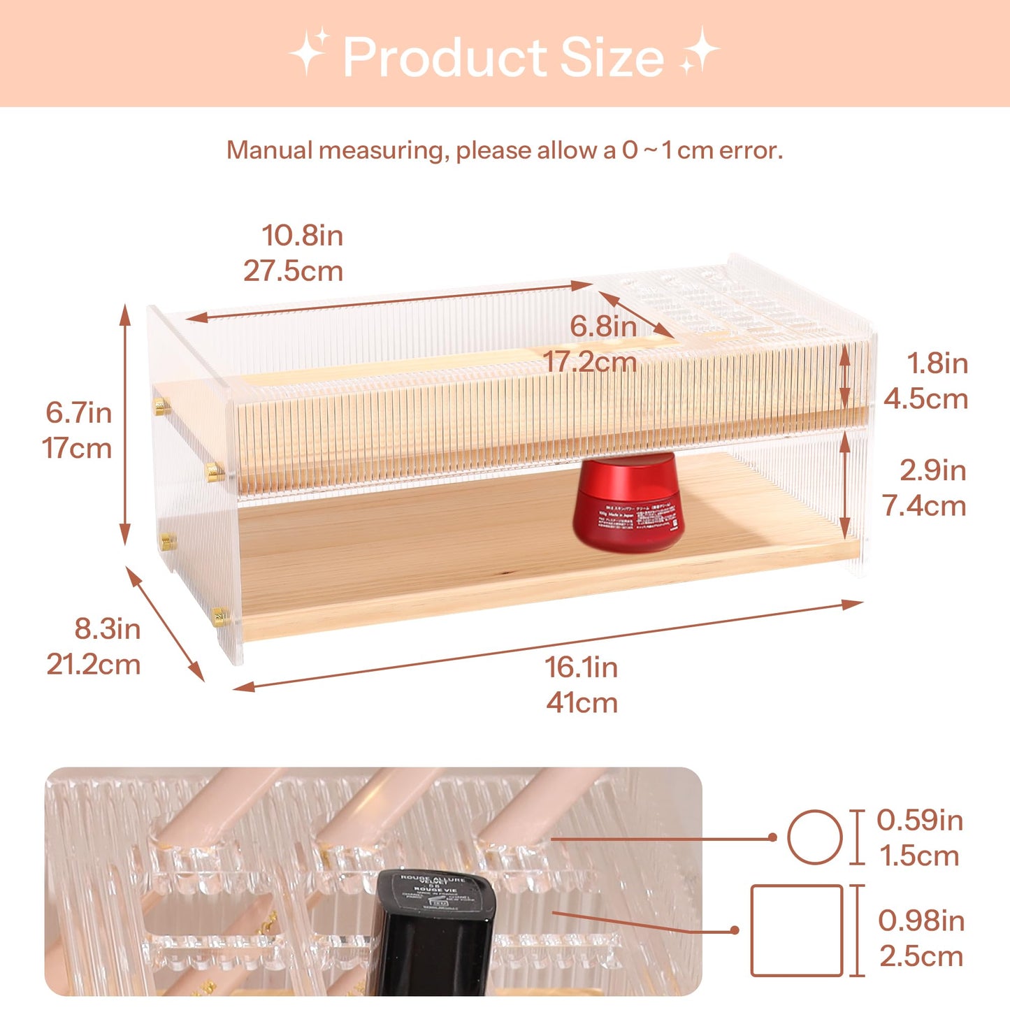 KAOTGOT Pine Wood Acrylic Makeup Organizer with Brush & Lipstick Holder