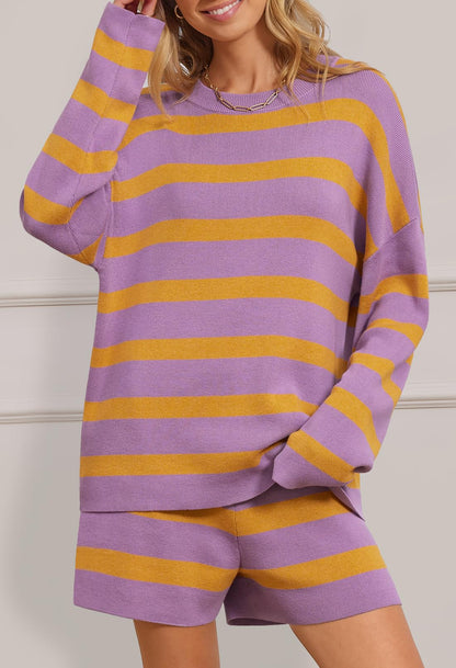 MEROKEETY Women's 2 Piece Sweater Set Striped Long Sleeve Shorts Purple Size S