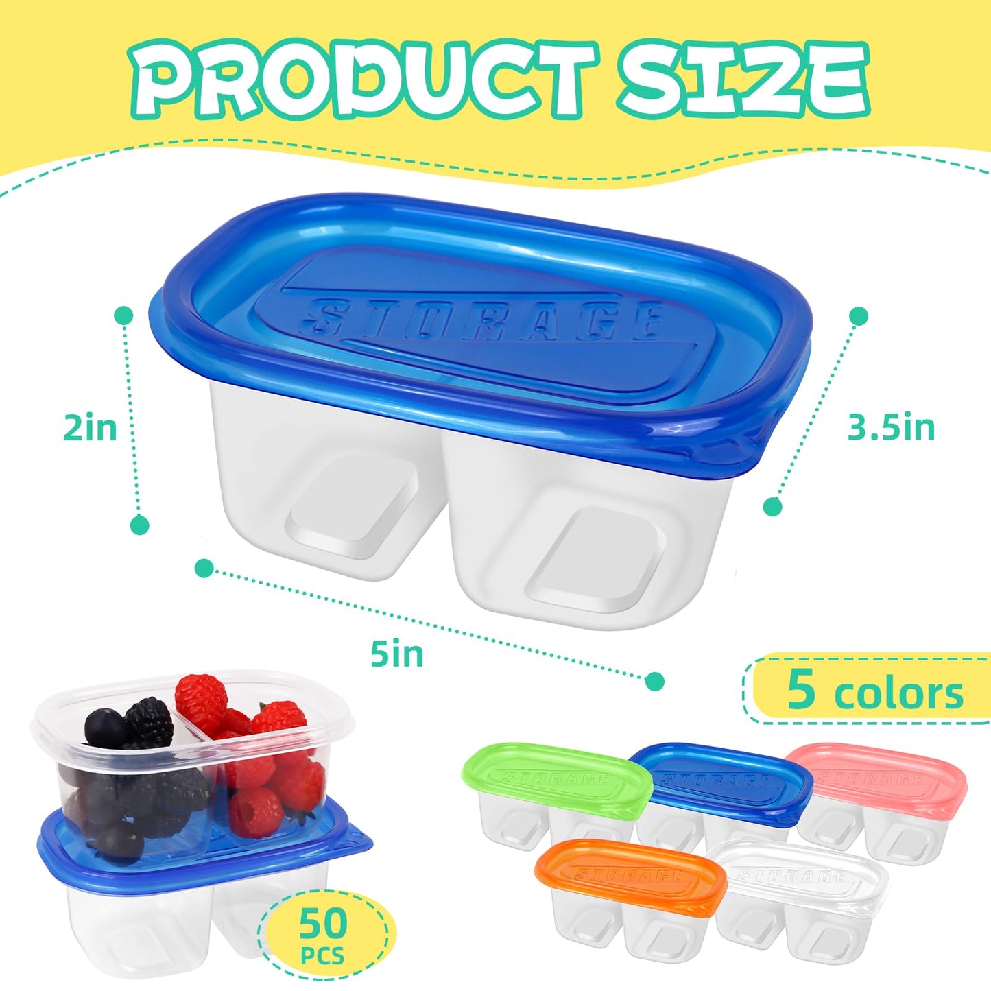 ISUSSER 50Pc Reusable Snack Pack Containers Double Compartment Clear Plastic