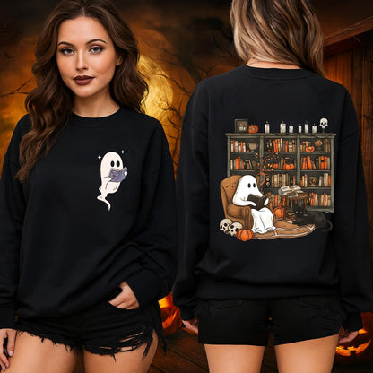 sidupili Halloween Sweatshirt Ghost Reading Books Pullover P4 Size M