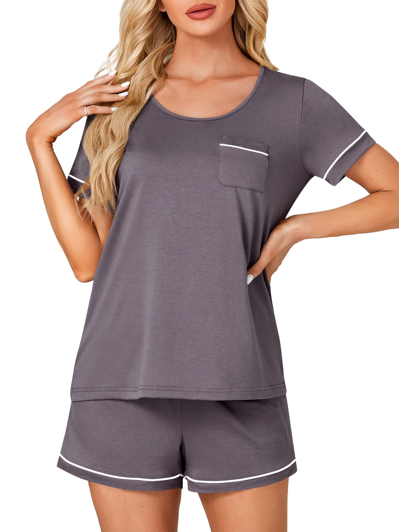 Rooscier Women's Cotton Pajama Set Scoop Neck Pocket Top Shorts Gray Size S