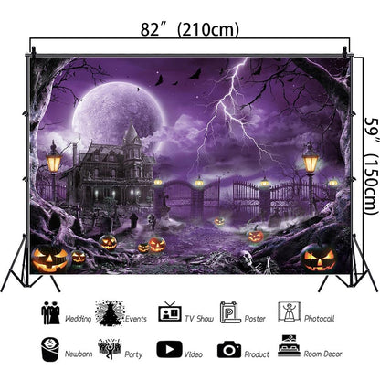 Halloween Backdrop Banner Scary Castle Cemetery Purple Full Moon 7x5Ft