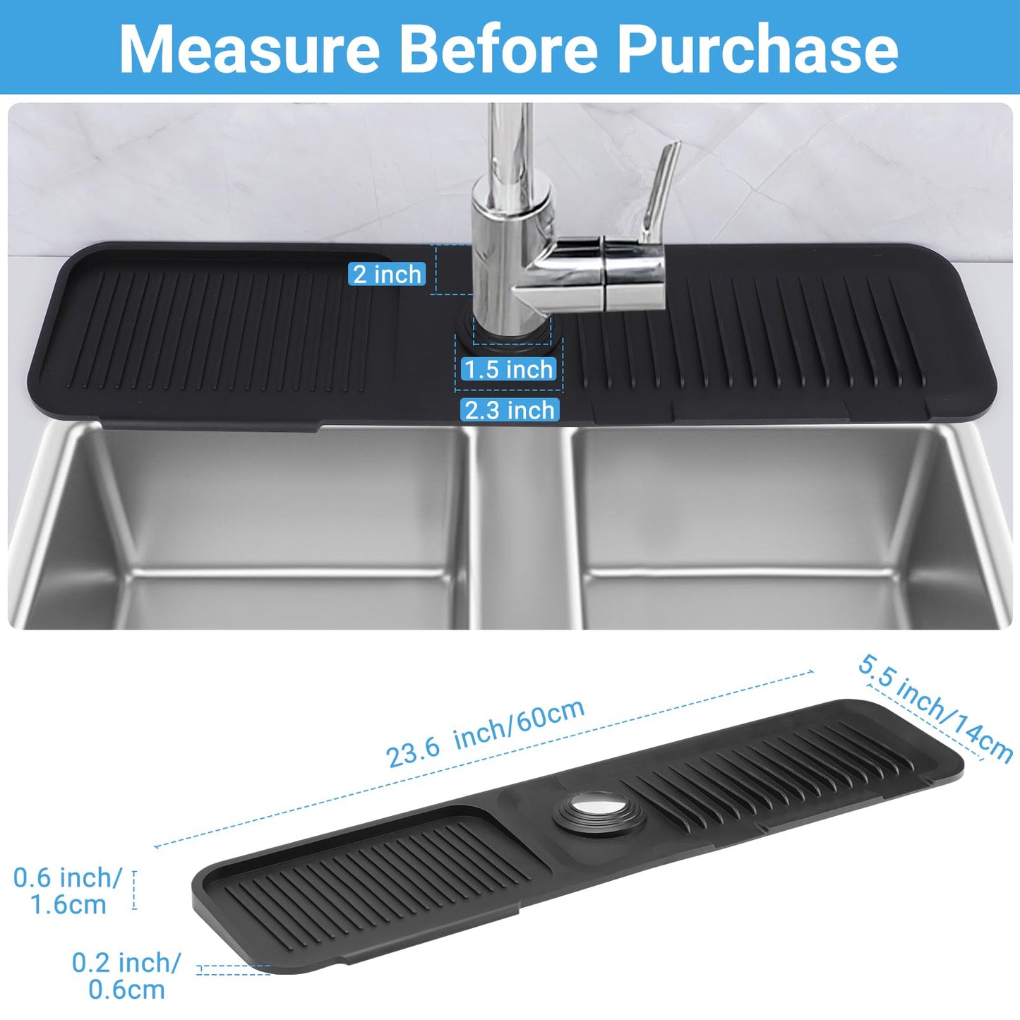 AIZOE Silicone Sink Splash Guard Faucet Mat 23.6in Black Kitchen Bathroom