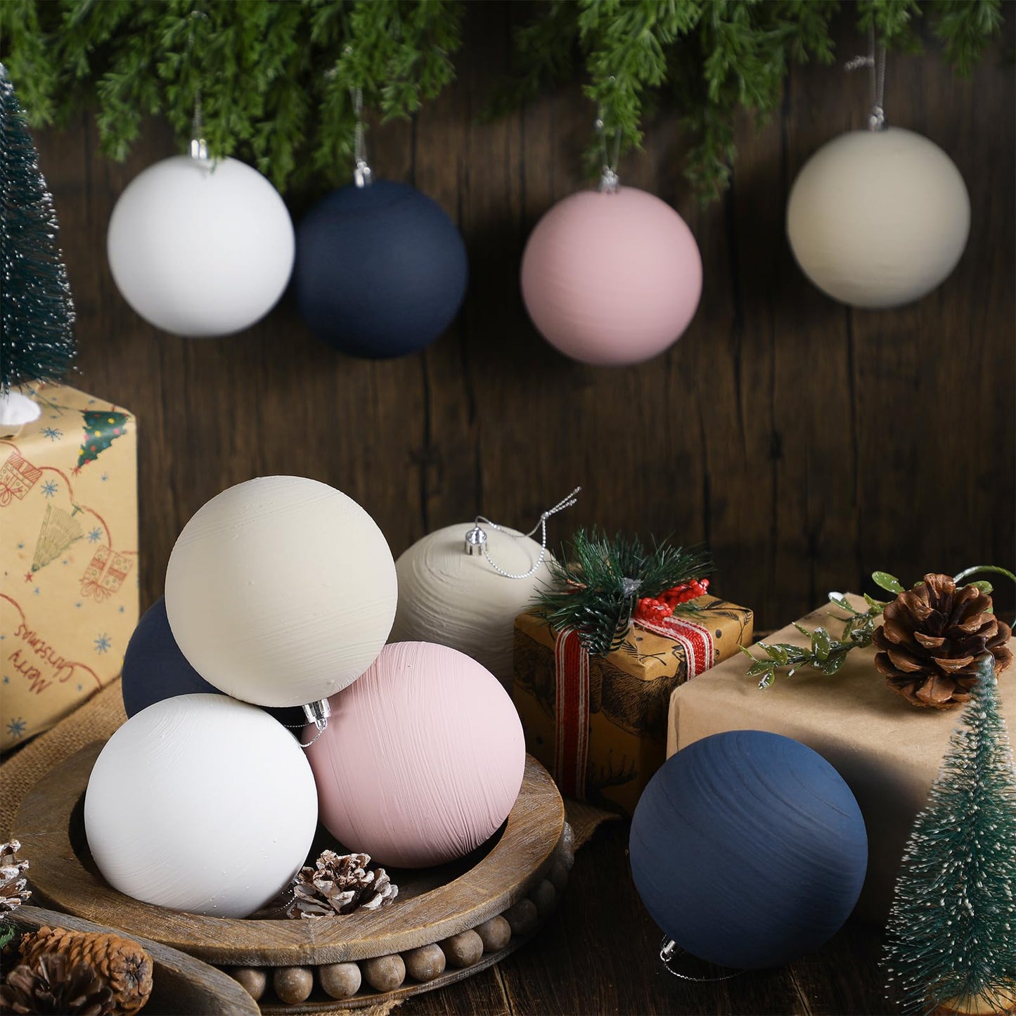 MiniInflat 12 Pc 4Inch Neutral Textured Christmas Ball Ornaments Cream Blue Pink